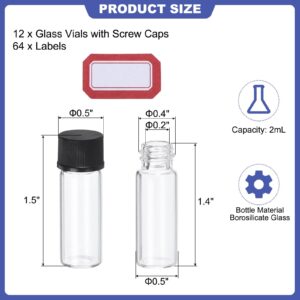 PATIKIL 2ml Clear Glass Vials, 12 Pack Sample Vials with Screw Cap Reagent Media Bottle with Labels Leak-Proof Liquid Sample Glass Vial for Lab Laboratory