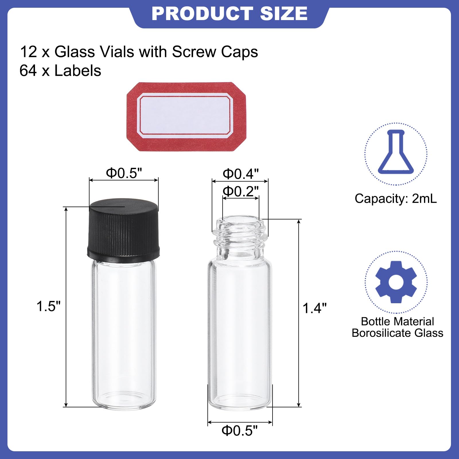 PATIKIL 2ml Clear Glass Vials, 12 Pack Sample Vials with Screw Cap Reagent Media Bottle with Labels Leak-Proof Liquid Sample Glass Vial for Lab Laboratory