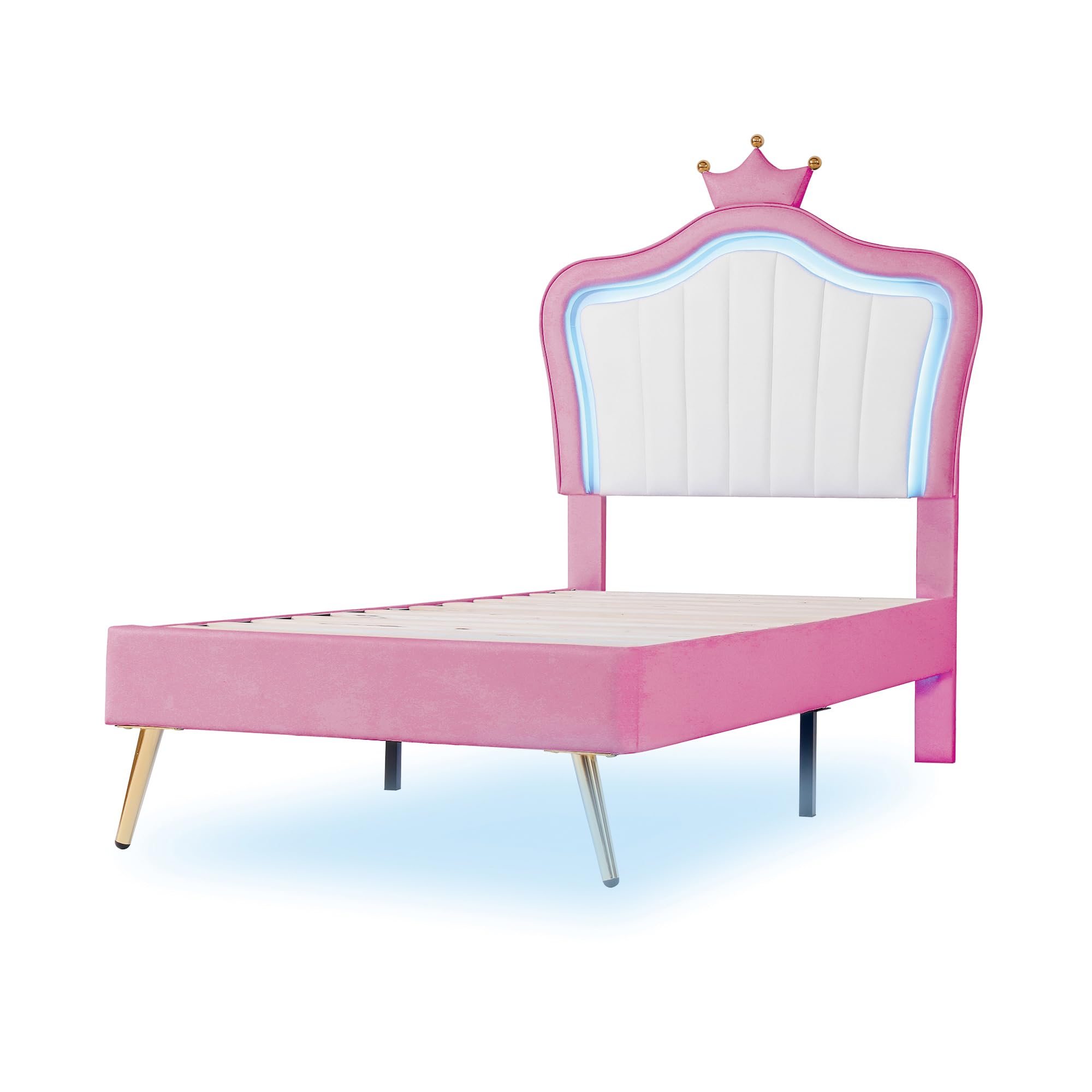 Bekeknlny Modern Upholstered Princess Bed with Crown Headboard and LED Lights,Twin Size PU Upholstered Bed Frame for Kids Boys Girls Bedroom (White+Pink/PU, Twin)