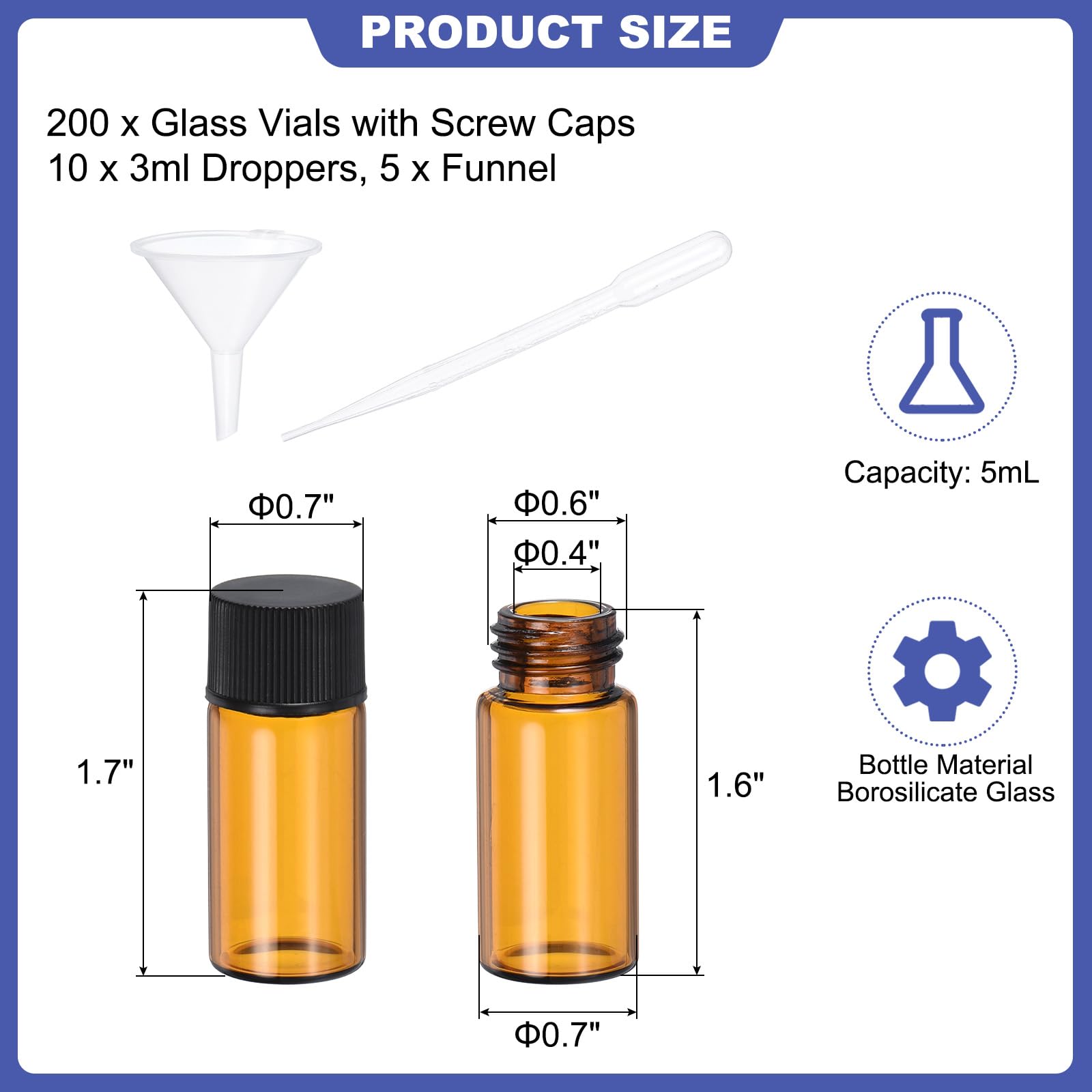 PATIKIL 5ml Amber Glass Vials, 200 Pack Sample Vials with Screw Cap Reagent Media Bottle with 10 Dropper and 5 Funnel Leak-Proof Liquid Vial for Lab Laboratory