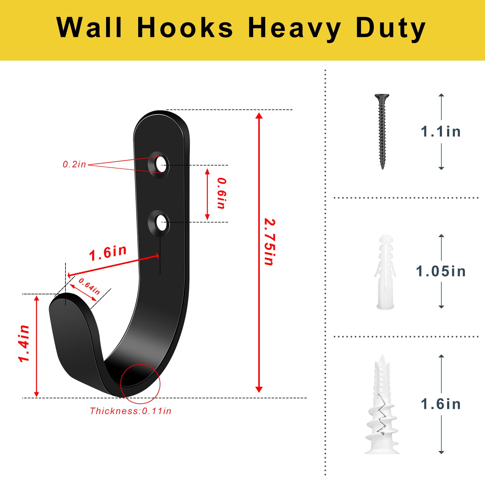 JUGEFORNI Metal Coat Hooks for Wall, Coat Hooks for Hanging, Heavy Duty Wall Mounted Hook with Screw, 10pcs Black Hooks for Hanging Coats, Towel, Backpack, Key, Bag, Coffee Cup