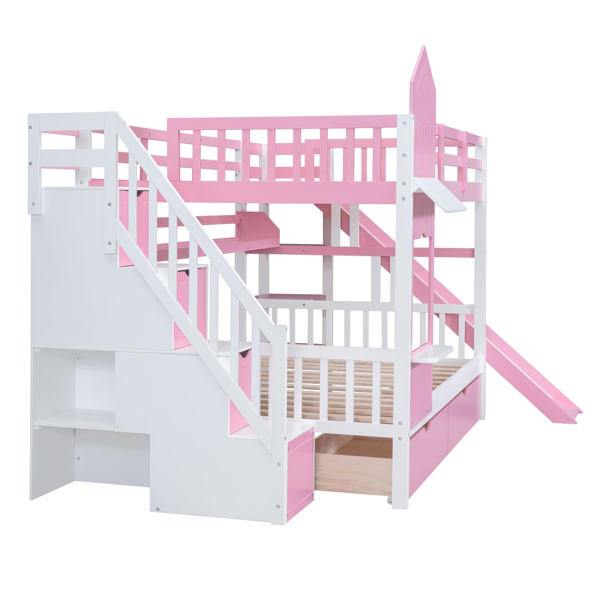 Loisall Castle Style Bunk Bed with 2 Drawers,Wooden Bed Frame with Ladder,Full-Length Guardrails,3 Shelves and Slide for Bedroom (Pink, Full-Over-Full)