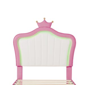 Bekeknlny Modern Upholstered Princess Bed with Crown Headboard and LED Lights,Twin Size PU Upholstered Bed Frame for Kids Boys Girls Bedroom (White+Pink/PU, Twin)