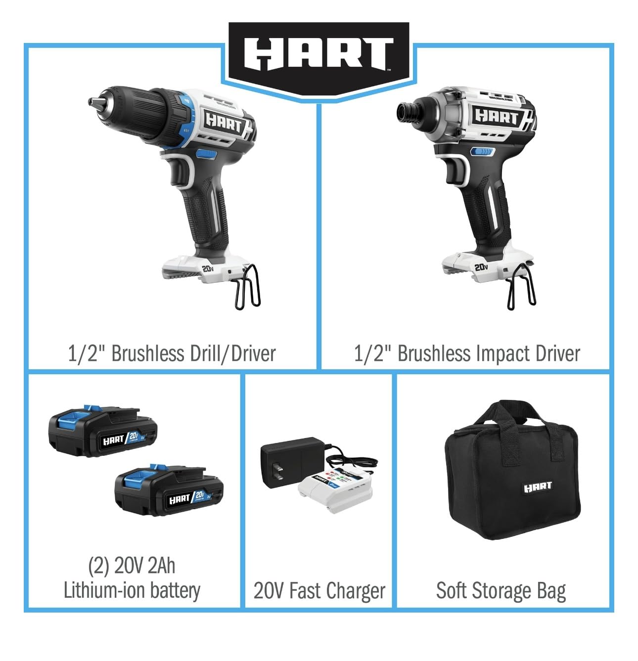 HART 20-Volt Cordless Brushless Drill and Impact Combo Kit with 10" Storage Bag, (2) 2.0Ah Lithium-Ion Batteries, HPCK252B