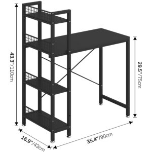 4NM 35" Small Computer Desk with 4-Tier Bookshelf and 8 Hooks, Home Office Desk Writing Workstation Study Table for Small Space Work - All Black