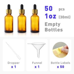 Glassfinity 50pcs 1 oz Dropper Bottles for Essential Oils with Funnel & Dropper 30ml Amber Glass Bottles with Eye Droppers Tincture Bottles, Leak Proof Travel Bottles for Liquids