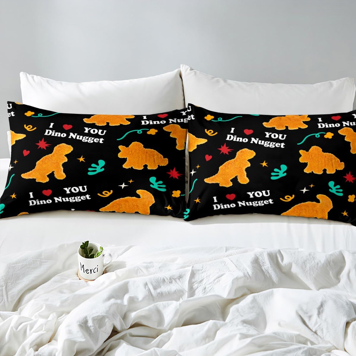 Feelyou Fried Chicken Nugget Bedding Set Queen Size Kids Cute Dino Comforter Cover Set for Boys Teens Dinosaur Duvet Cover Breathable Chicken Nuggets Bedspread Cover Room Decor Quilt Cover