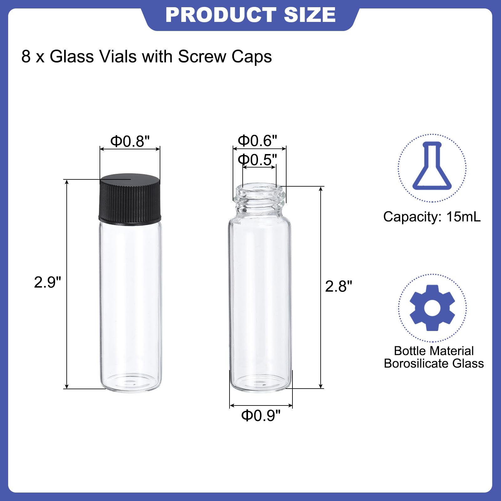 PATIKIL 15ml Clear Glass Vials, 8 Pack Sample Vials with Screw Cap Reagent Media Bottle Leak-Proof Liquid Sample Glass Vial for Lab Laboratory