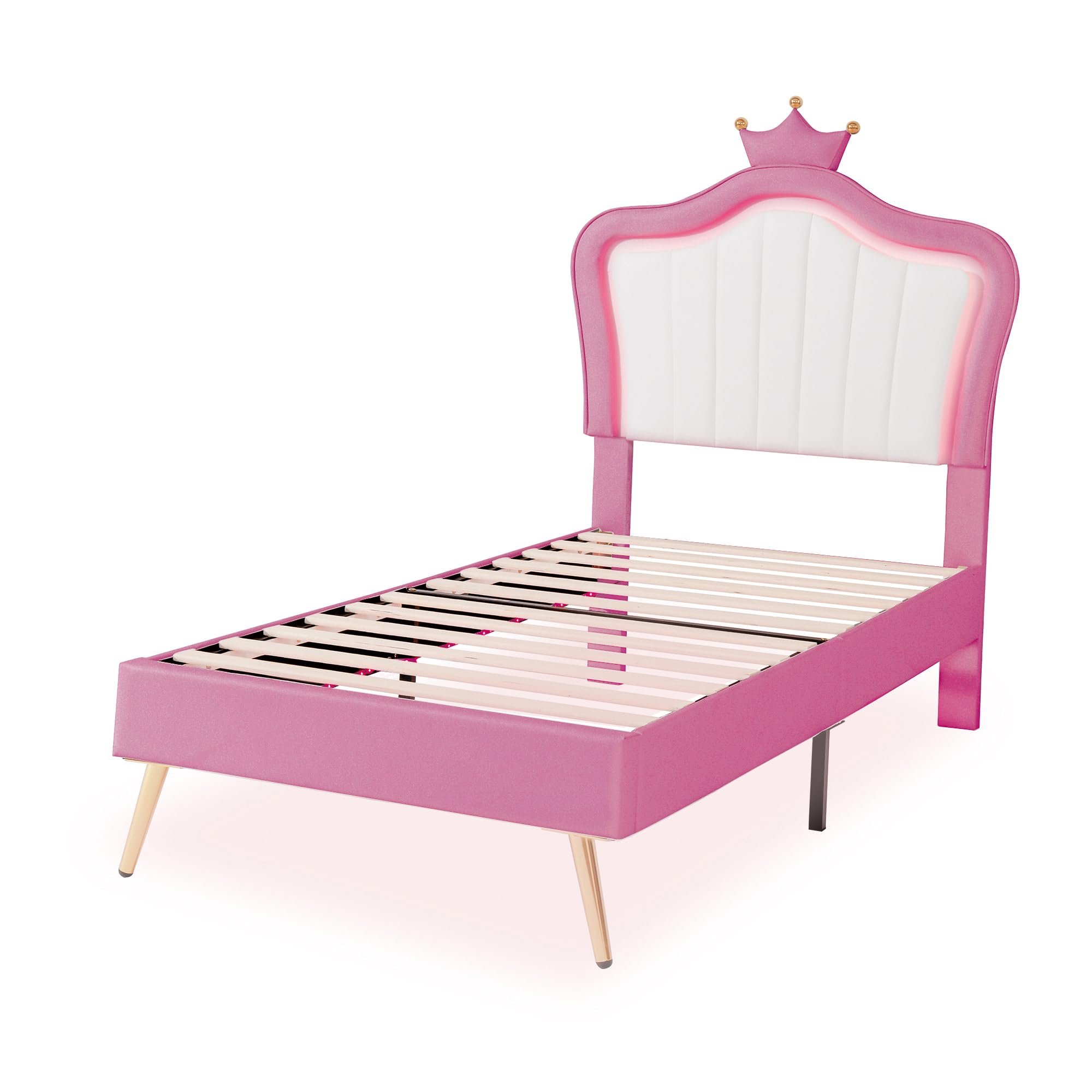 Twin Size Upholstered Princess Bed Frame with LED Lights and Crown Headboard,for Kids Boys Girls Teens Bedroom Use (White+Pink@LED//, Twin)