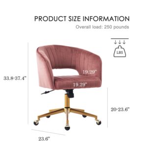 FENFSHE Home Office Chair Swivel Velvet Desk Chair, Vanity Chair with 360 Swivel Armchair and Gold Base,for Living Room, Bedroom, Vanity, Study (Pink)