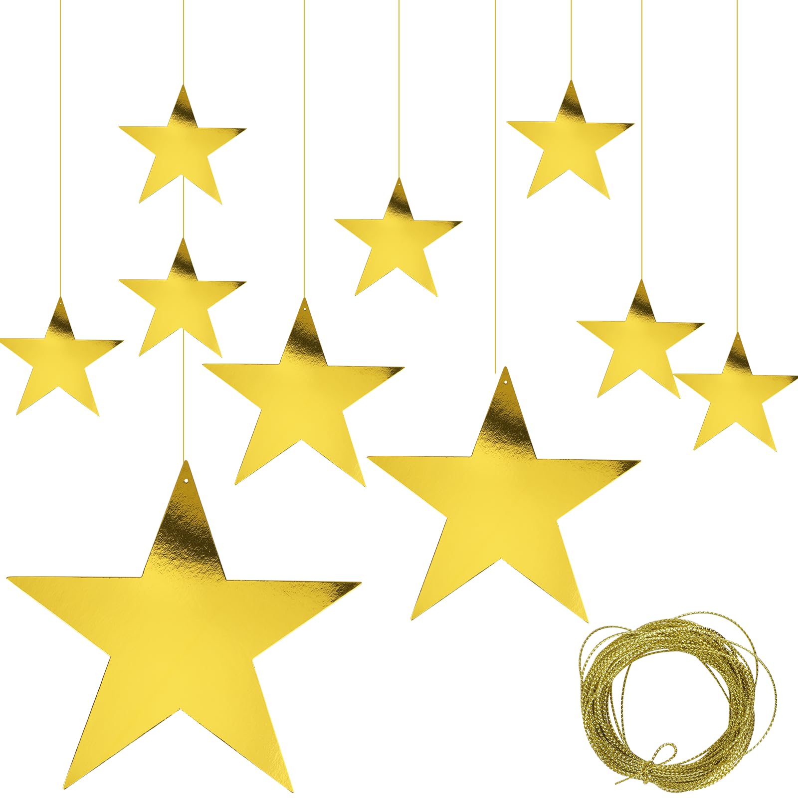 24pcs Gold Cardboard Stars Glitter Star Cutouts Paper Stars Decorations Star Wall Decor Confetti Cutouts for Valentine's Day Movie Night Party Decoration, 4 Sizes and 50m/54.68 yd Nylon Gold Line