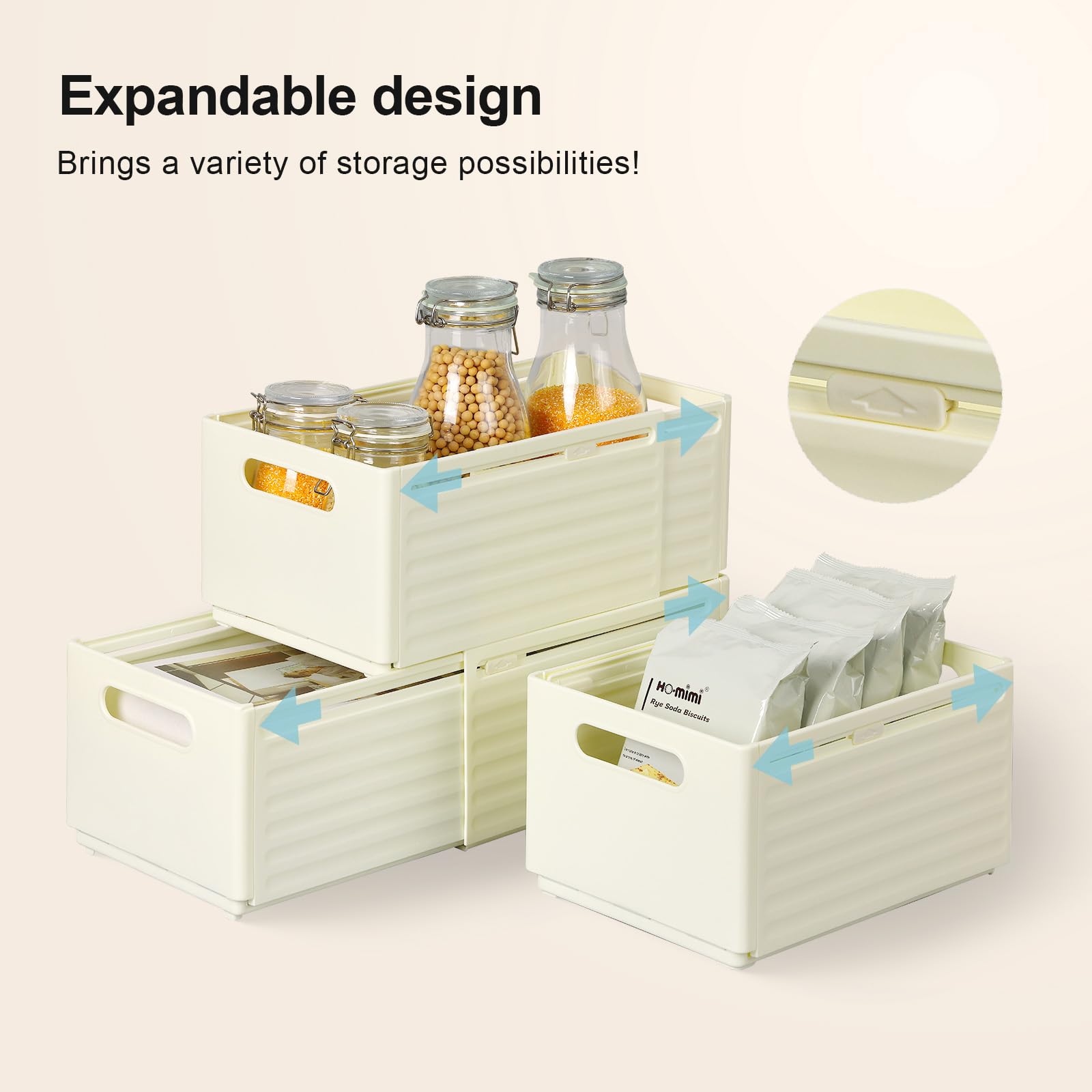 Homsorout Organization and Storage - Expandable Storage Bins 3 Packs, Plastic Closet Storage Bins, Collapsible Storage bins with Deep Drawers, Stackable Organizer Bins for Home, Beige