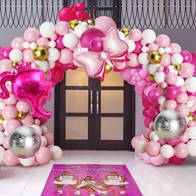 146pcs Pink Balloon Garland Hot Pink Rose Red Light Pink Matte White Balloons Silver Disco Ball Bow Crown Princess Star Balloon Arch Kit For Princess Party Decoration Birthday Baby Shower