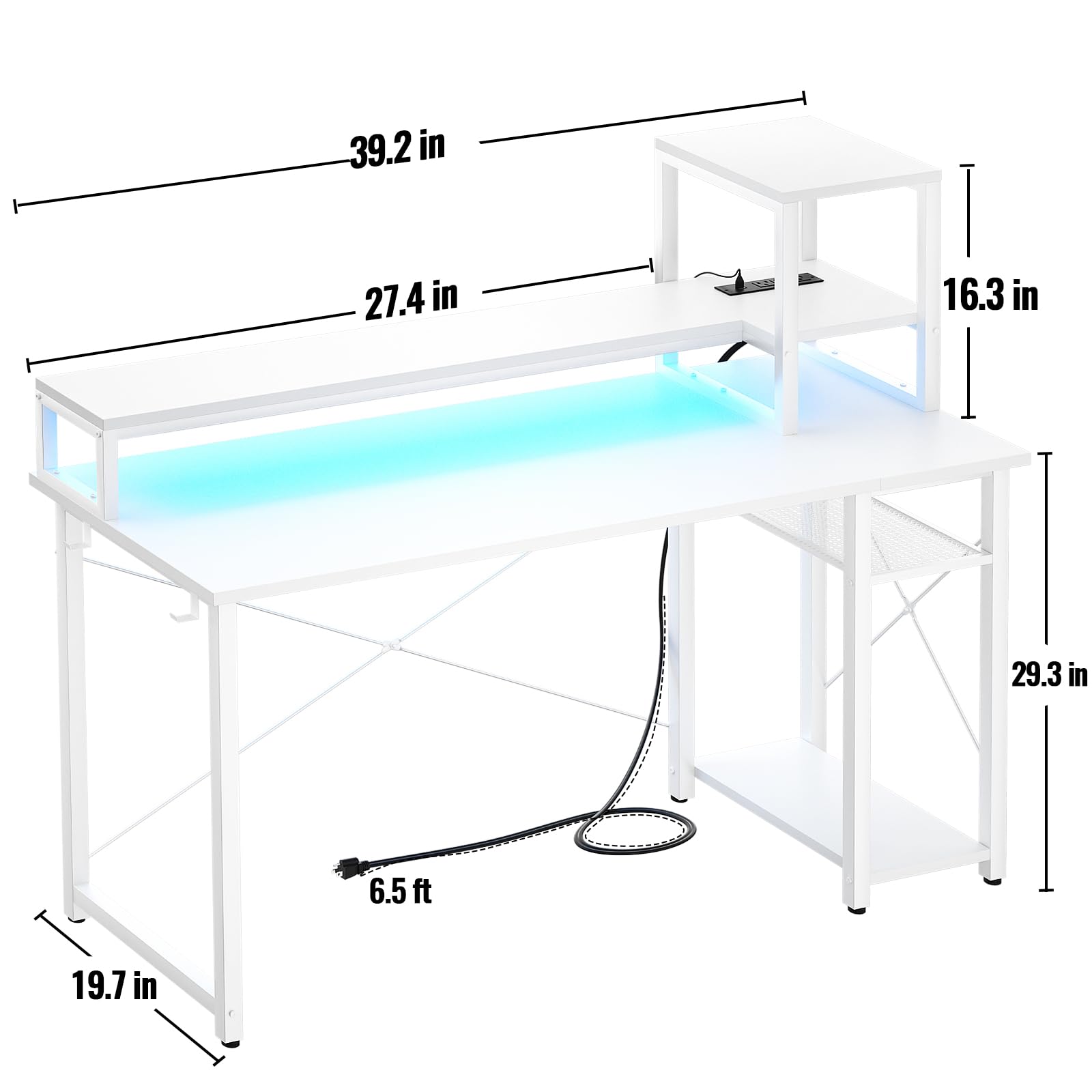 Besiost Gaming Desk with Lights & Power Outlets, 39.4' Computer Desk with Shelves, Small Desk for Small Space, Writing Desk with Monitor Stand, White