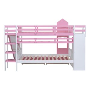 Loisall Castle Style Bunk Bed with 2 Drawers,Wooden Bed Frame with Ladder,Full-Length Guardrails,3 Shelves and Slide for Bedroom (Pink, Full-Over-Full)