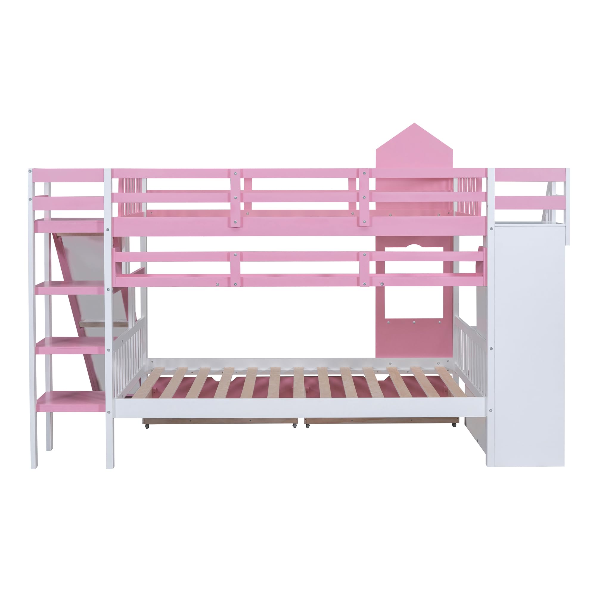 Loisall Castle Style Bunk Bed with 2 Drawers,Wooden Bed Frame with Ladder,Full-Length Guardrails,3 Shelves and Slide for Bedroom (Pink, Full-Over-Full)