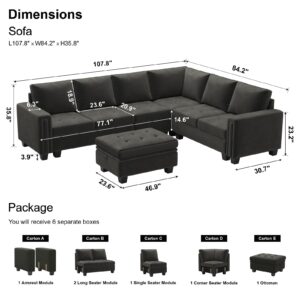 Belffin Velvet L Shaped Sofa Couch with Reversible Chaise Convertible Modular Sectional Sofa Set with Storage Ottoman Corner Sofa Set for Living Room Grey