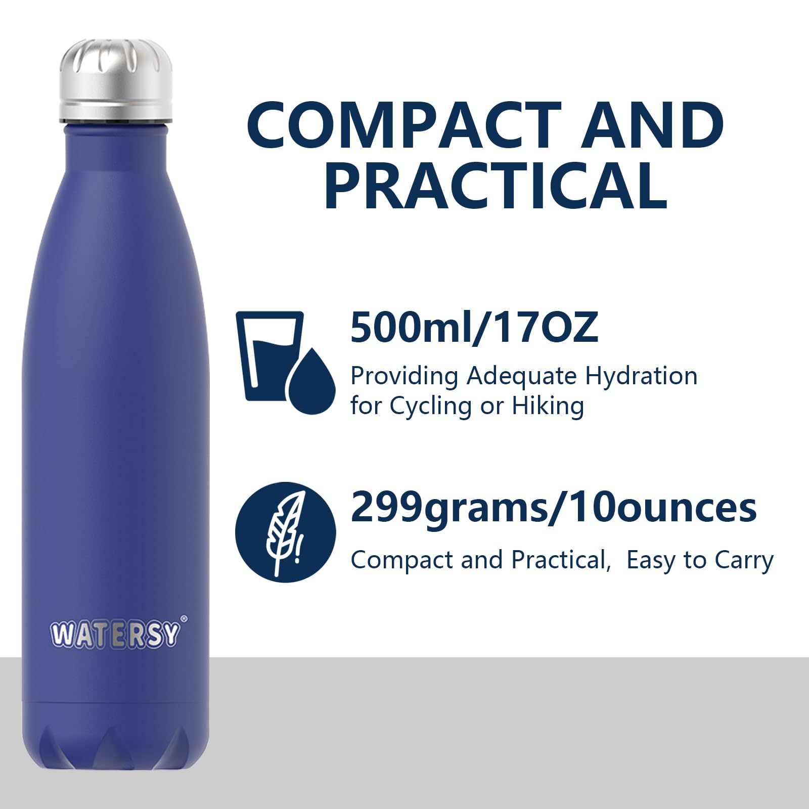 WATERSY Stainless Steel water bottles,17oz/500ml Insulated Water Bottles,Deep Blue metal water bottle Keeps Drink Cold and Hot,BPA Free kids water bottles for School,Gym,Travel,Sports