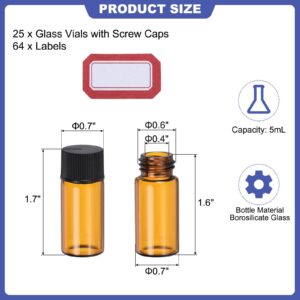 PATIKIL 5ml Amber Glass Vials, 25 Pack Sample Vials with Screw Cap and Write-on Spot Reagent Media Bottle with Labels Leak-Proof Liquid Vial for Lab