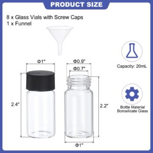 PATIKIL 20ml Clear Glass Vials, 8 Pack Sample Vials with Screw Cap Reagent Media Bottle with Funnel Leak-Proof Liquid Sample Glass Vial for Lab Laboratory