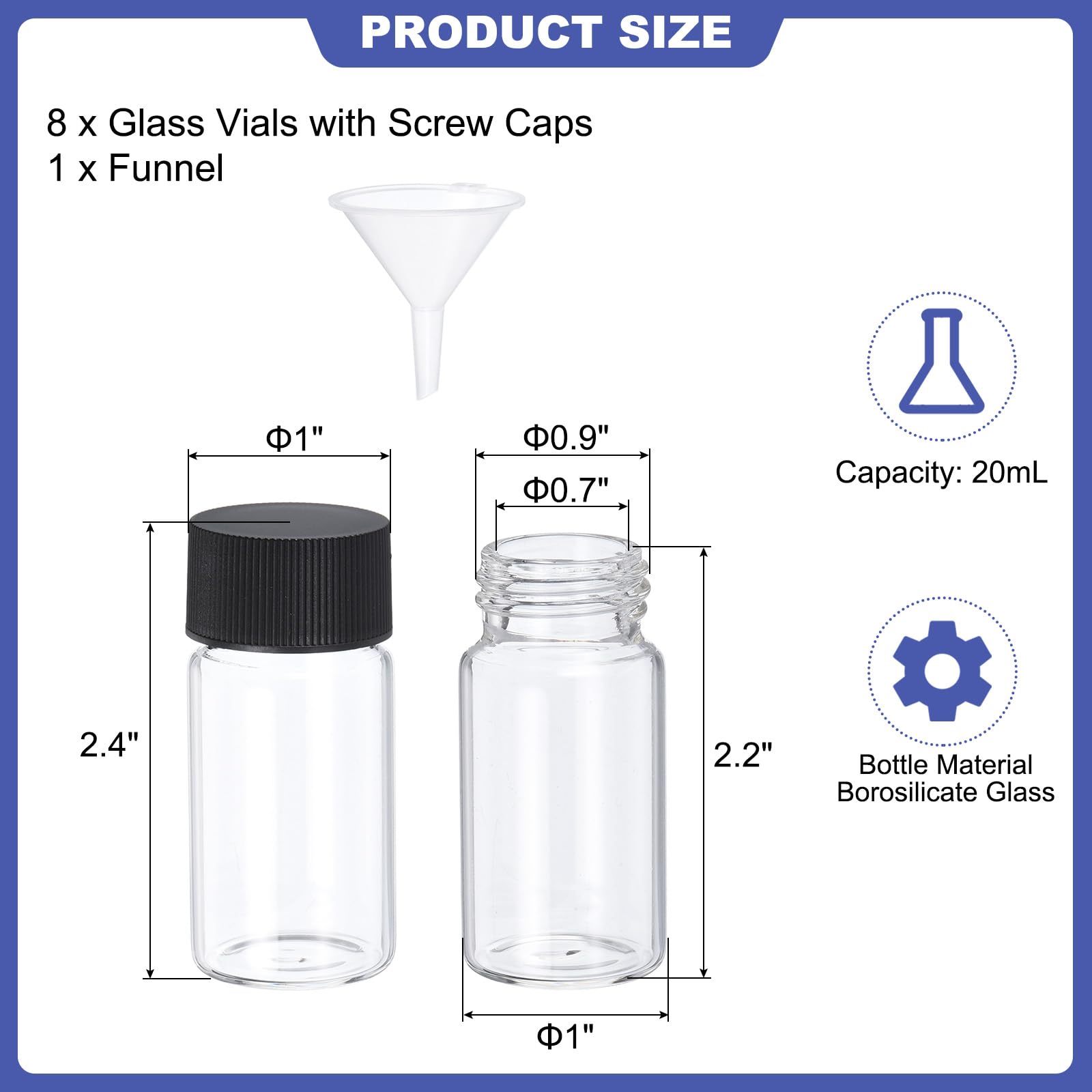 PATIKIL 20ml Clear Glass Vials, 8 Pack Sample Vials with Screw Cap Reagent Media Bottle with Funnel Leak-Proof Liquid Sample Glass Vial for Lab Laboratory