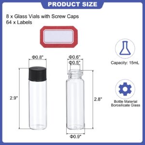 PATIKIL 15ml Clear Glass Vials, 8 Pack Sample Vials with Screw Cap Reagent Media Bottle with Labels Leak-Proof Liquid Vial for Lab