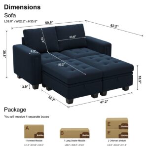 Belffin Velvet Modular Sectional Sofa Couch with Storage Convertible Sectional Sleeper Sofa Couch Bed Set with Reversible Chaise Blue