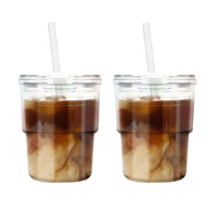 luxfuel 13oz tumbler water glass with straw and lid, 2 pack glass coffee cups gifts, sealed carry-on glass water cup,iced tea, for travel,home, office, party, camping and outdoor (iridescent shimmer)