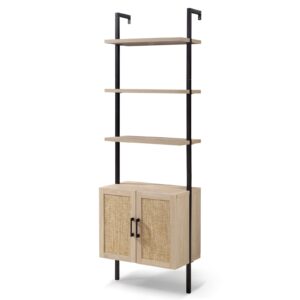 oakham home 5 tier book shelf, 73" tall bookshelf with storage, modern bookcase with shelves, wall mount ladder shelf with steel frame, bookshelves with rattan cabinet for living room (weathered oak)