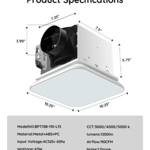 Fitop Bathroom Exhaust Fan with Light,Ceiling Mount Shower Ventilation Exhaust Fan with Light,110 CFM 1.0 Sones Bathroom Vent Fan with Light,43W Bathroom Fan 1200LM LED Light 3000K/4000K/5000K