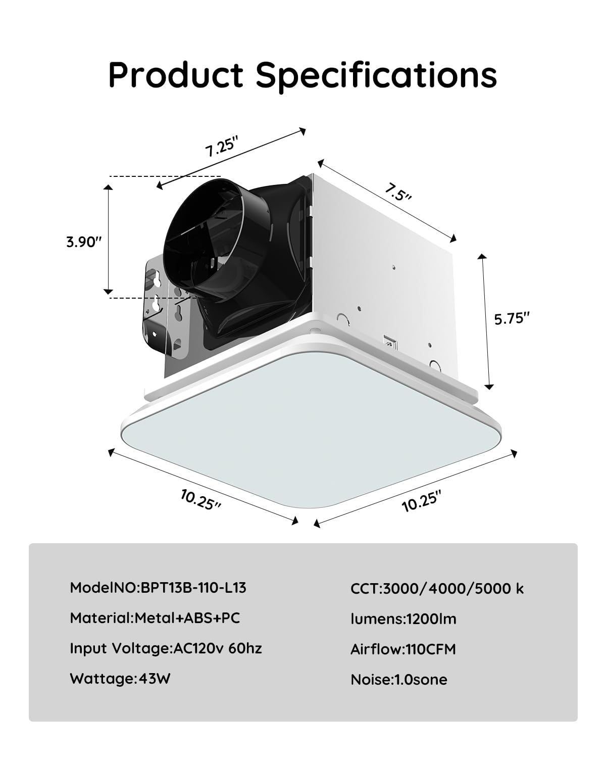 Fitop Bathroom Exhaust Fan with Light,Ceiling Mount Shower Ventilation Exhaust Fan with Light,110 CFM 1.0 Sones Bathroom Vent Fan with Light,43W Bathroom Fan 1200LM LED Light 3000K/4000K/5000K