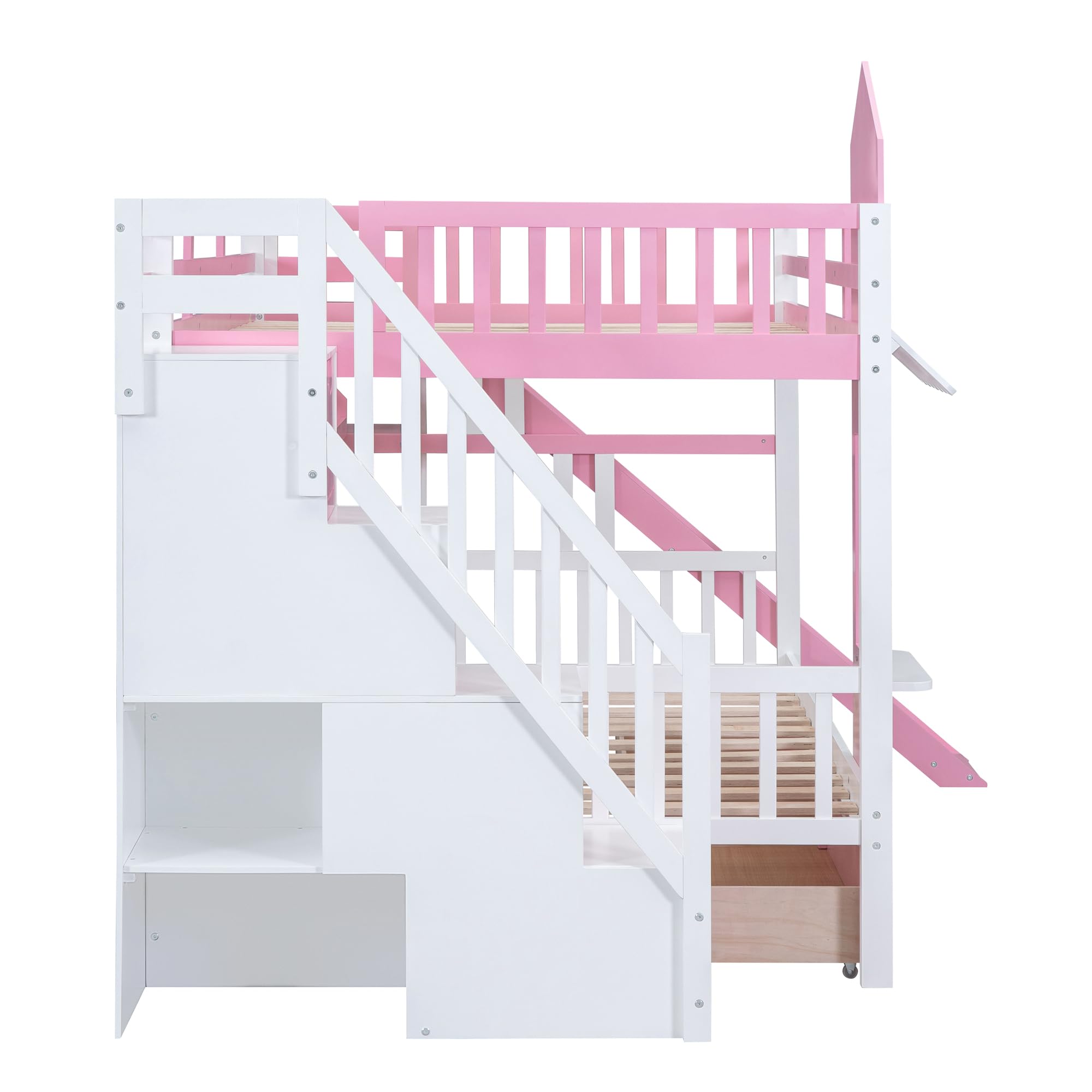 Loisall Castle Style Bunk Bed with 2 Drawers,Wooden Bed Frame with Ladder,Full-Length Guardrails,3 Shelves and Slide for Bedroom (Pink, Full-Over-Full)