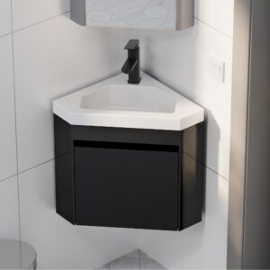 eclife 22" corner bathroom vanity sink combo for small space wall mounted floating cabinet with white resin sink and matte black faucet, black