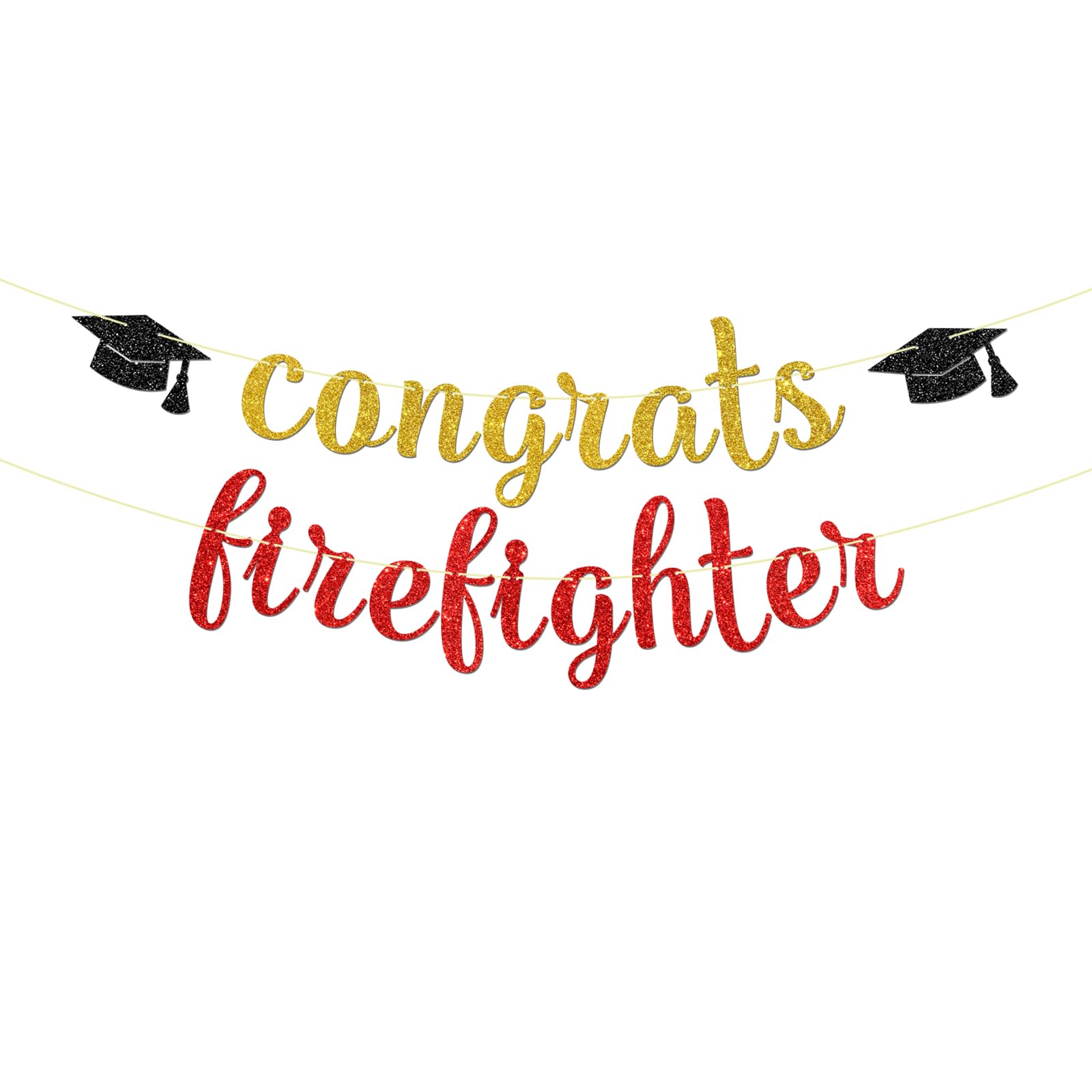 Maicaiffe Congrats Firefighter Banner- Future Fireman Sign Party Supplies - Congrats Fire Department Fire Academy Graduation Firefighter Grad Banner Decor Gold Red Glitter