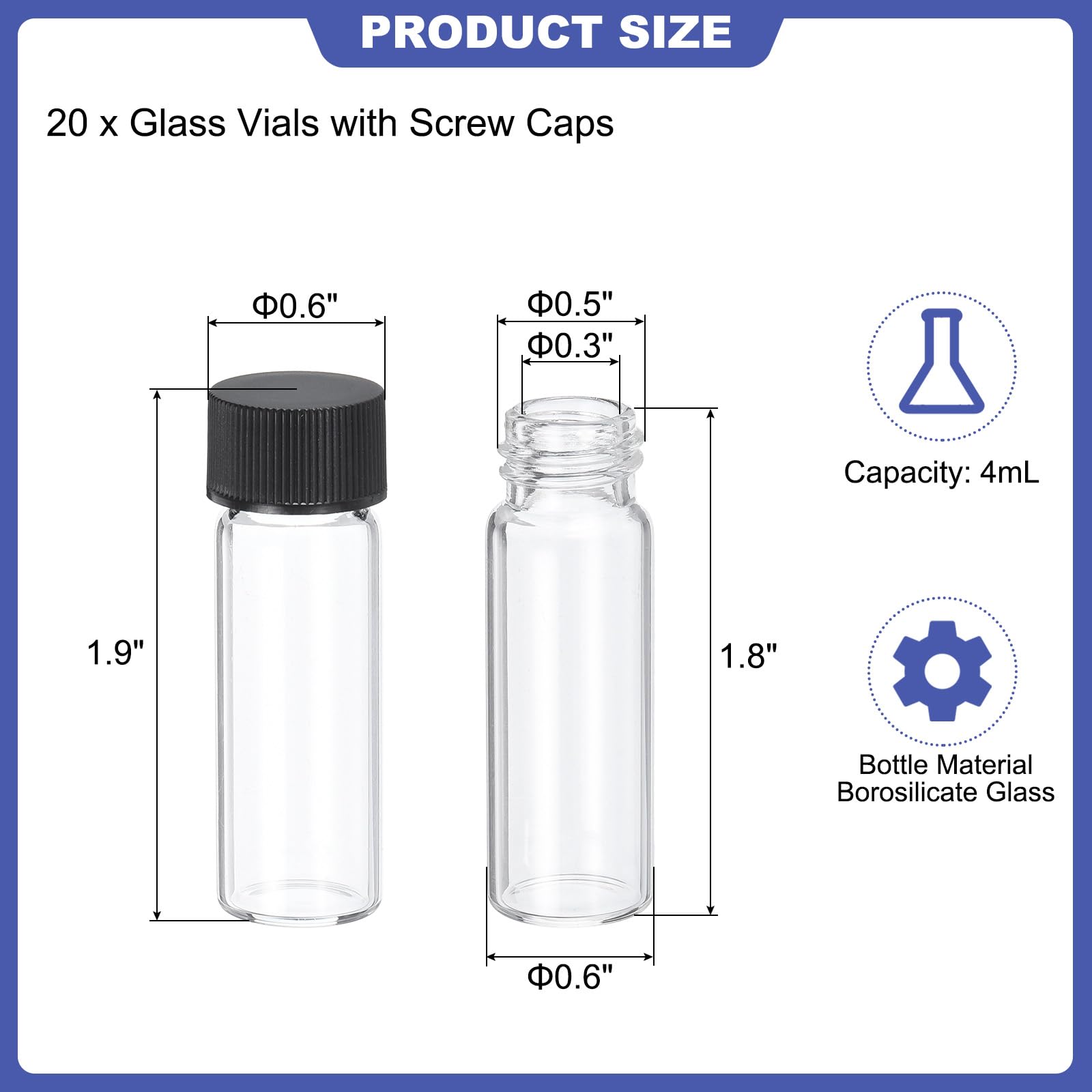 PATIKIL 4ml Clear Glass Vials, 20 Pack Sample Vials with Screw Cap Reagent Media Bottle Leak-Proof Liquid Sample Glass Vial for Lab Laboratory