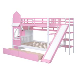 Loisall Castle Style Bunk Bed with 2 Drawers,Wooden Bed Frame with Ladder,Full-Length Guardrails,3 Shelves and Slide for Bedroom (Pink, Full-Over-Full)