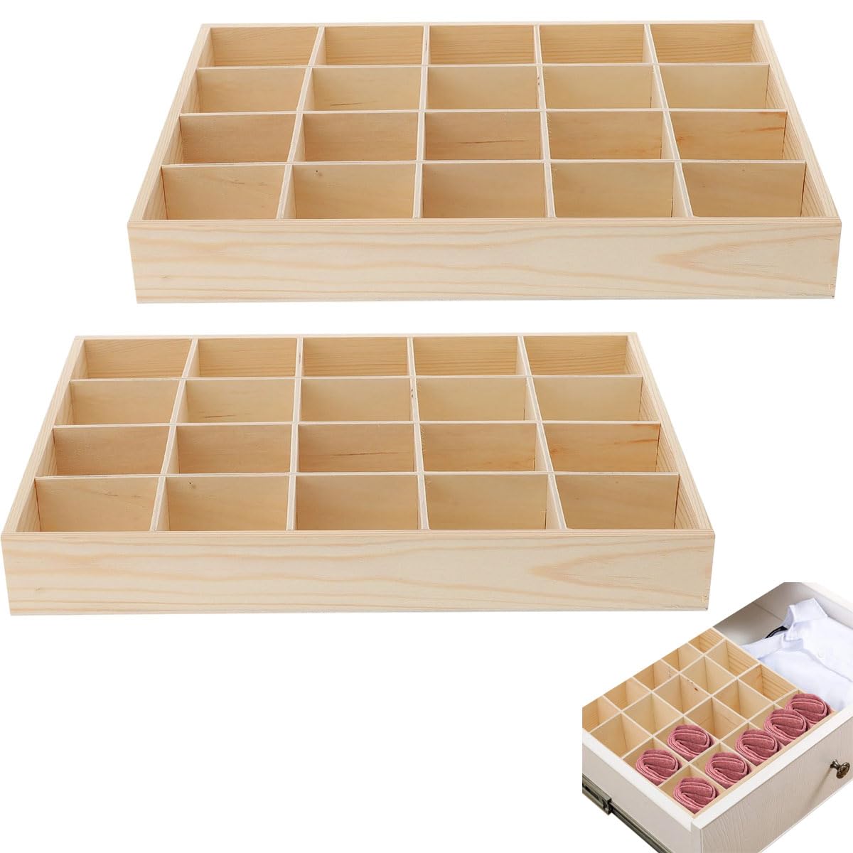 Set of 2 - Wooden Drawer Organizers with 20 Compartments | Space-Saving Belt, Tie, and Sock Organizer | Stackable Desktop Storage Box for Neat and Tidy Dresser, Closet, Under-Bed Storage