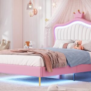 Bekeknlny Modern Upholstered Princess Bed with Crown Headboard and LED Lights,Twin Size PU Upholstered Bed Frame for Kids Boys Girls Bedroom (White+Pink/PU, Twin)