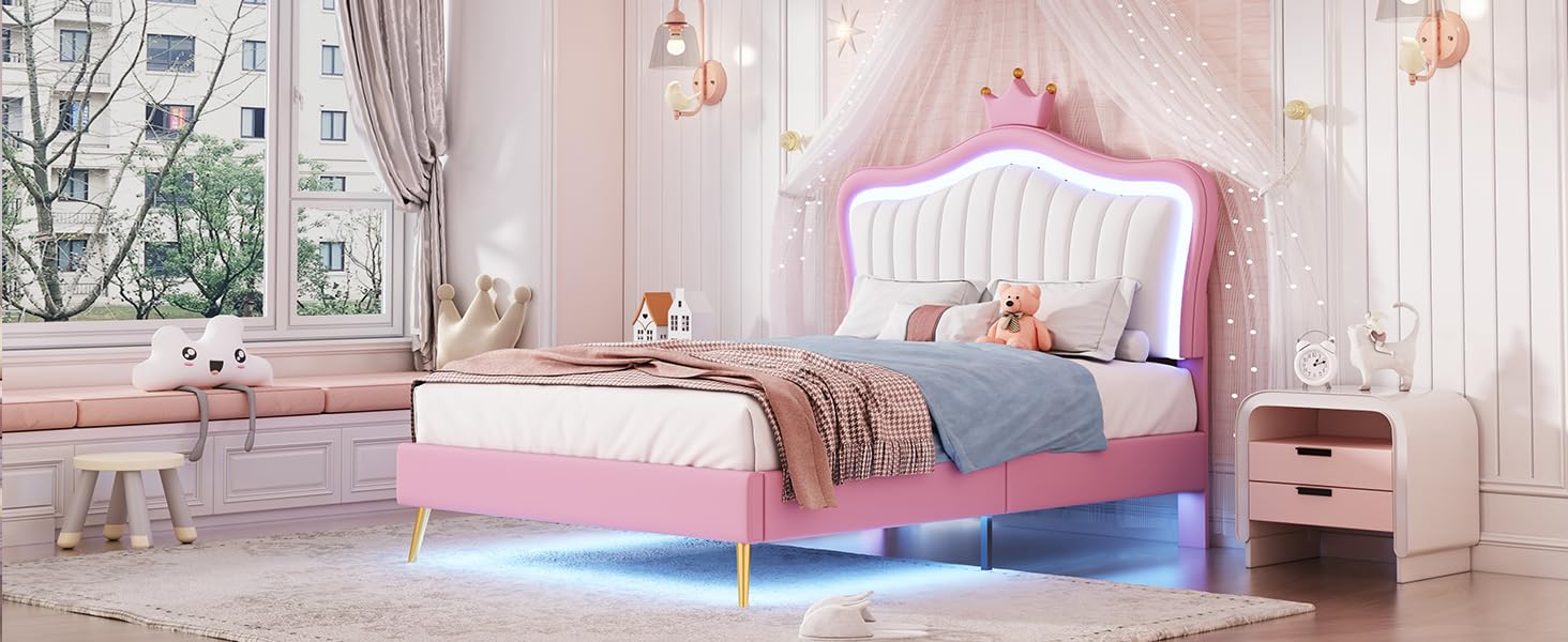 Bekeknlny Modern Upholstered Princess Bed with Crown Headboard and LED Lights,Twin Size PU Upholstered Bed Frame for Kids Boys Girls Bedroom (White+Pink/PU, Twin)