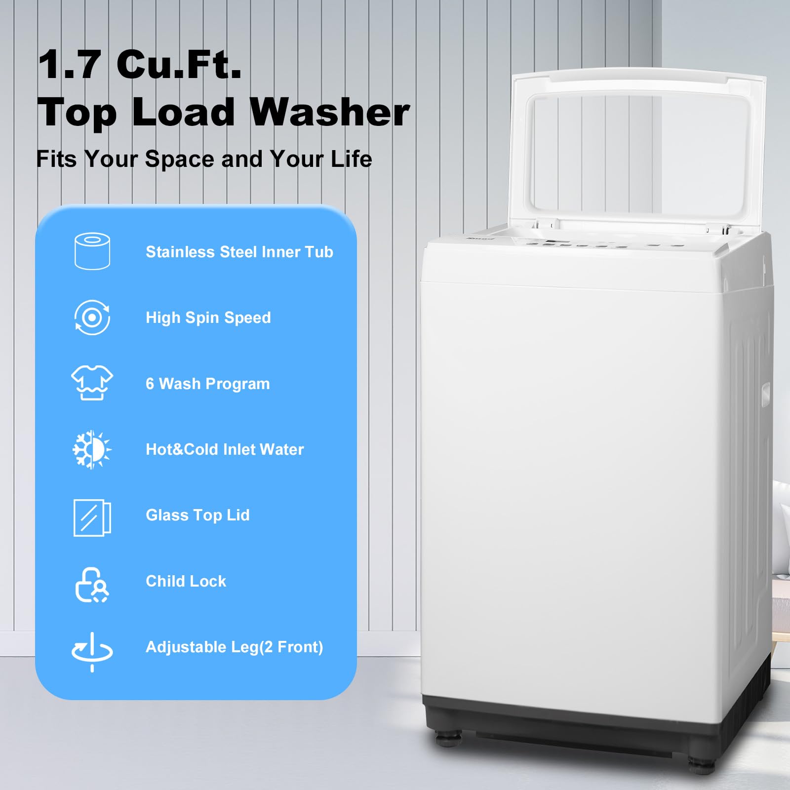 Techomey 1.7 Cu.Ft. Portable Washing Machine, 12Lbs Small Top Load Clothes Washer, Fully Automatic Compact Washer and Spinner Combo, 6 Wash Program, Transparent Lid, White