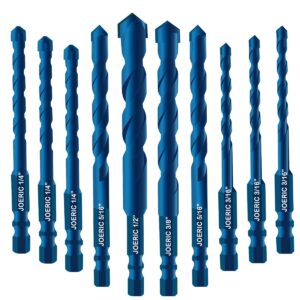 joeric 10pcs blue masonry drill bits, concrete drill bit ceramic tile drill bit set tungsten carbide tipped ceramic tile drill bits for concrete brick glass plastic and wood（3/16”-1/2”）