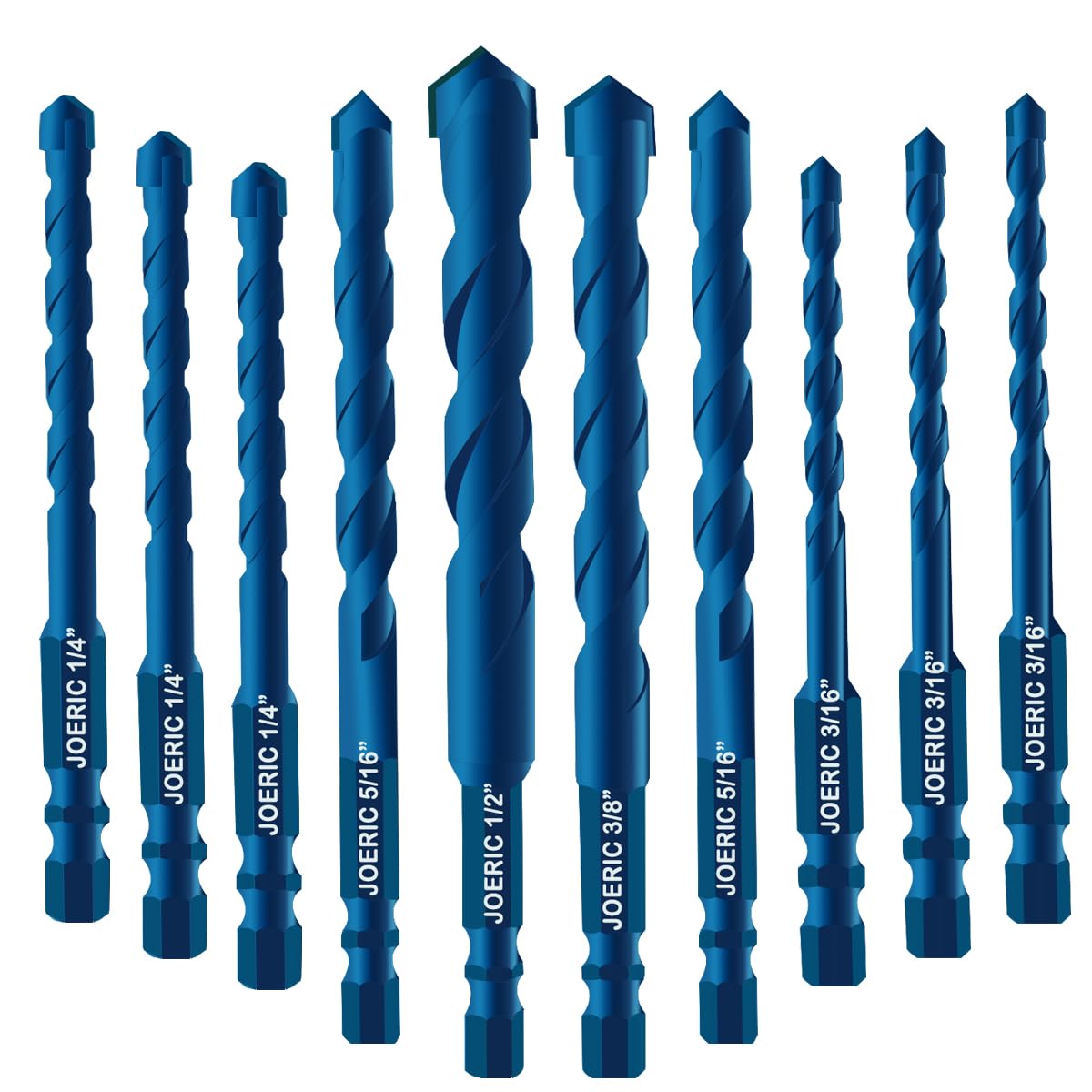 JOERIC 10PCS Blue Masonry Drill Bits, Concrete Drill Bit Ceramic Tile Drill Bit Set Tungsten Carbide Tipped Ceramic Tile Drill Bits for Concrete Brick Glass Plastic and Wood（3/16”-1/2”）