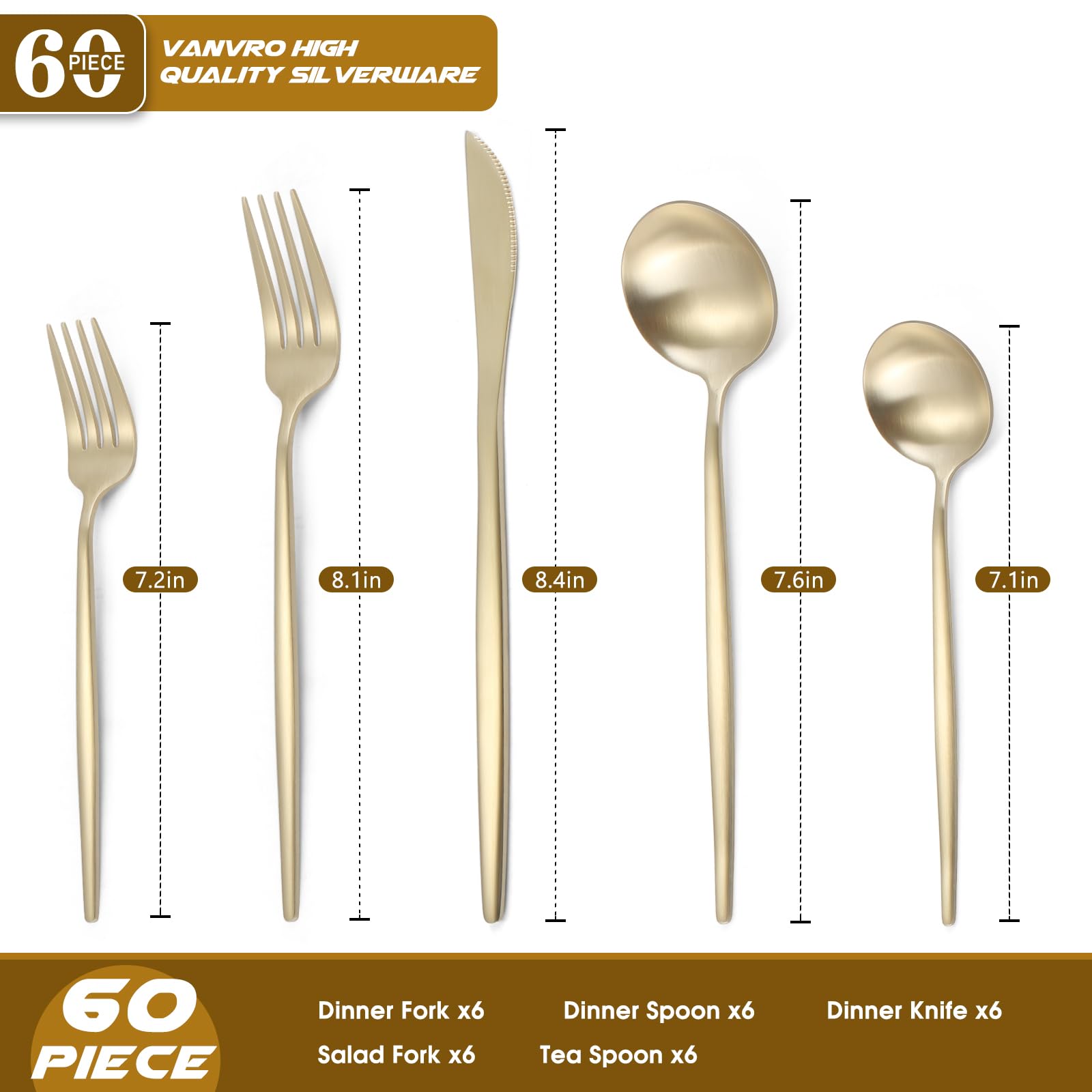 VANVRO Matte Champagne Gold Silverware Set, 60-Piece Stainless Steel Flatware set, Service for 12, Tableware Cutlery Set, Satin Finish,Utensils for Kitchen, Dishwasher Safe