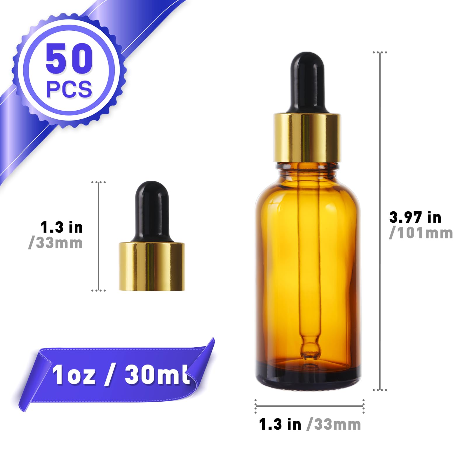 Glassfinity 50pcs 1 oz Dropper Bottles for Essential Oils with Funnel & Dropper 30ml Amber Glass Bottles with Eye Droppers Tincture Bottles, Leak Proof Travel Bottles for Liquids