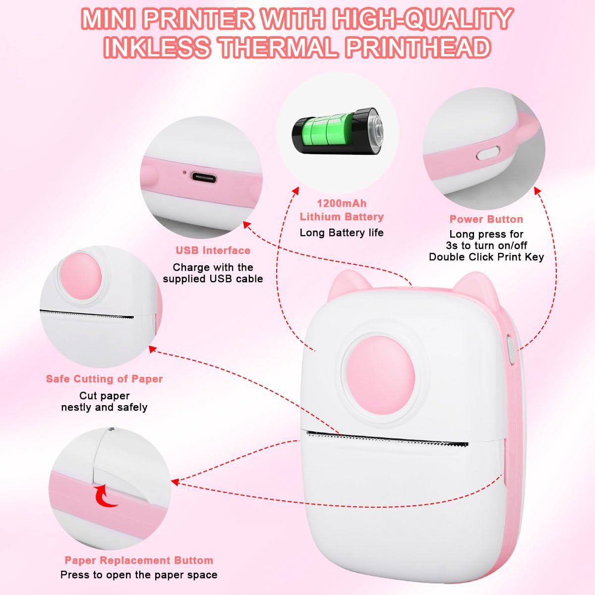 Mini Portable Printer - Pocket Thermal Printer with 13 Roll Papers, Bluetooth Wireless Smart Printer for Photos, Office Receipts,QR Codes,Labels,Notes Printing Compatible with iOS Android Phone Pink