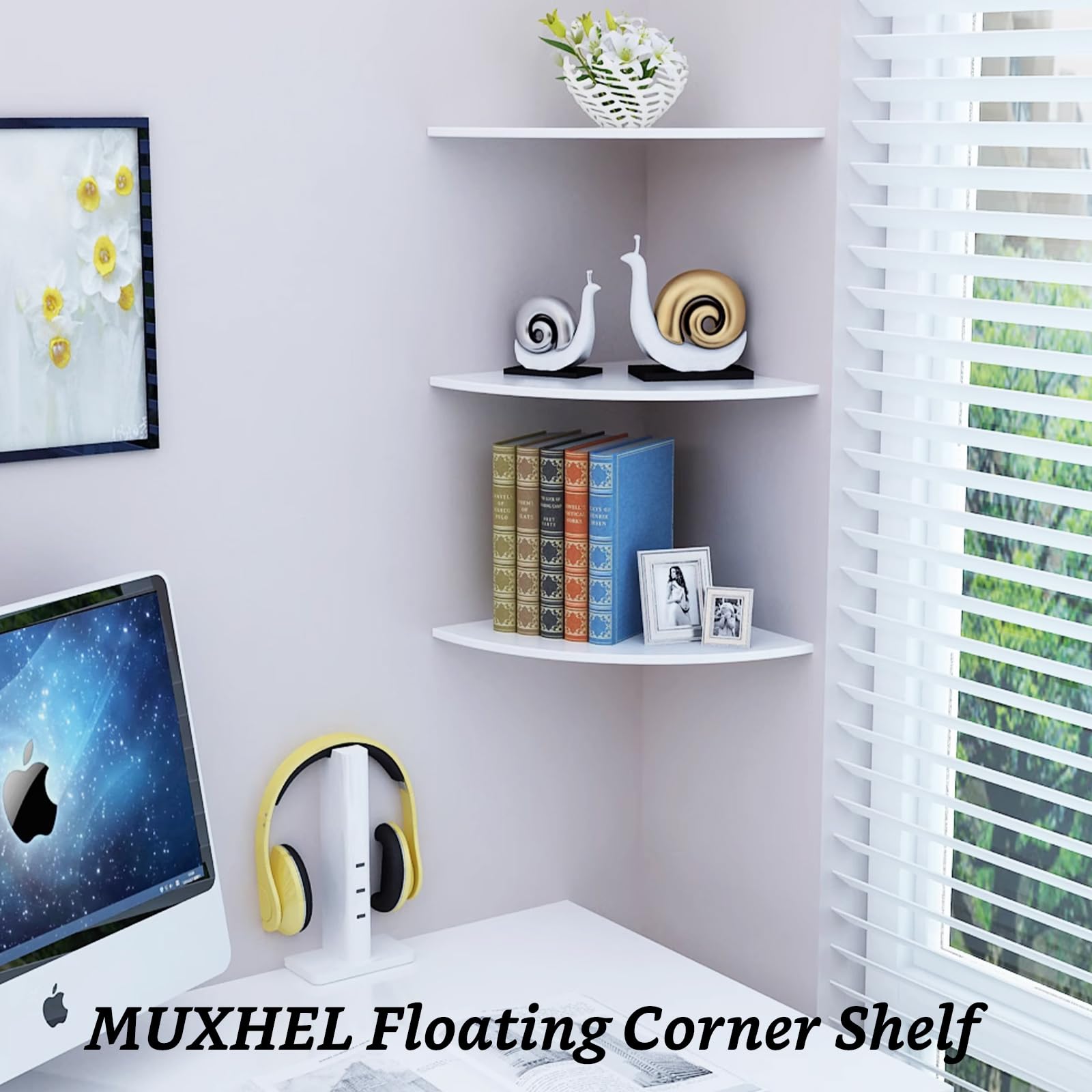 MUXHEL 4 Pcs Floating Corner Shelf with Mounting Accessories, Wooden White Round Corner Wall Shelves, Wall Mounted Corner Storage Shelf for Bathroom, Bedroom, Living Room