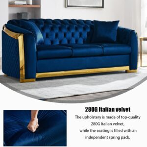 WinJoy 84 Inch Velvet Sofa Set for Living Room, 3 Seat Modern & Luxury Chesterfield Couch Sofa with Tufted Back&Gold Stainless Legs for Apartment, Office 2 Pillows Included Navy