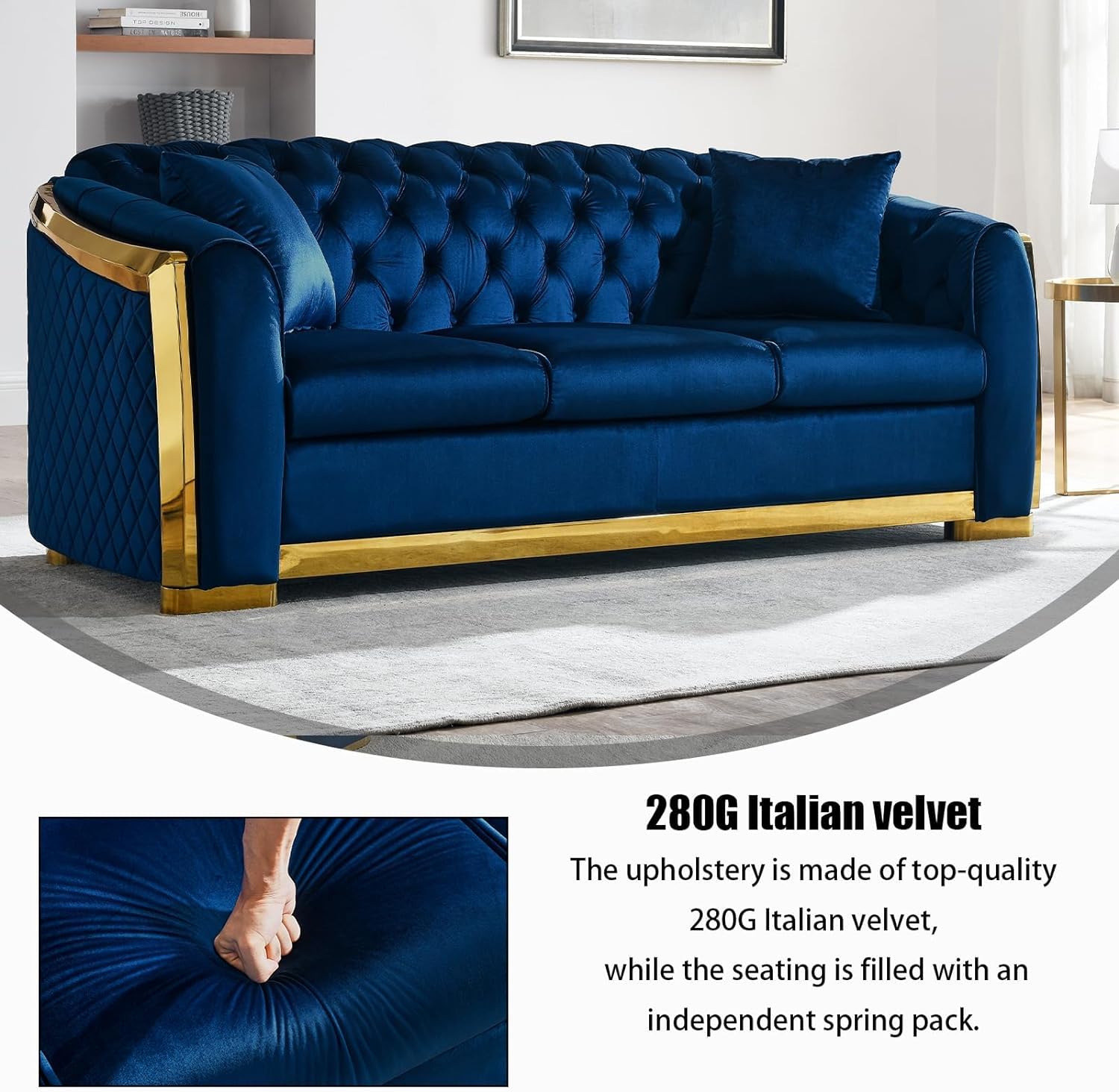 WinJoy 84 Inch Velvet Sofa Set for Living Room, 3 Seat Modern & Luxury Chesterfield Couch Sofa with Tufted Back&Gold Stainless Legs for Apartment, Office 2 Pillows Included Navy