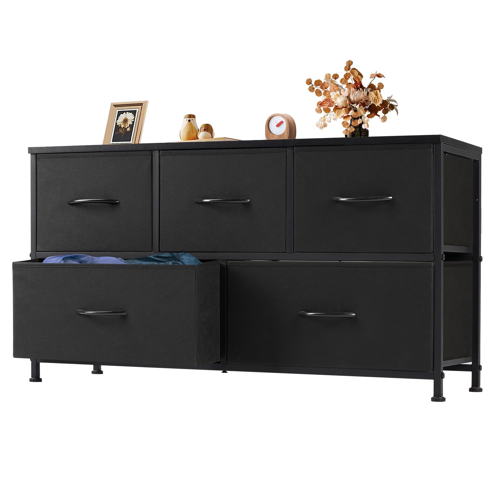 Sweetcrispy 5 Drawers Dresser for Bedroom, Kidsroom Furniture, Small Chest Tower, Storage Organizer Units for Clothing, Closet, Fabric Bins, Wood Top, Steel Frame, Lightweight, Assemble Tools Include