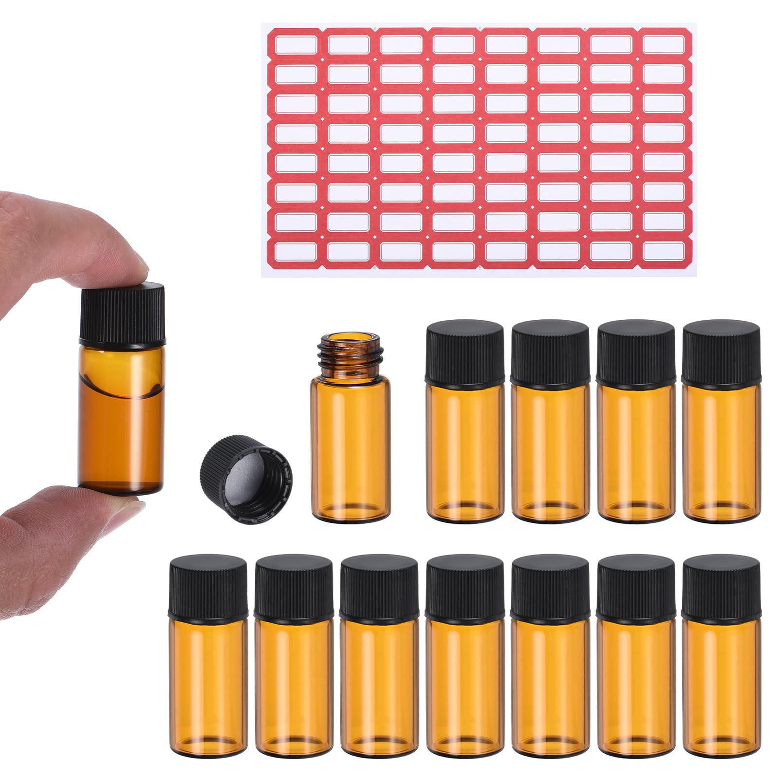 PATIKIL 5ml Amber Glass Vials, 25 Pack Sample Vials with Screw Cap and Write-on Spot Reagent Media Bottle with Labels Leak-Proof Liquid Vial for Lab